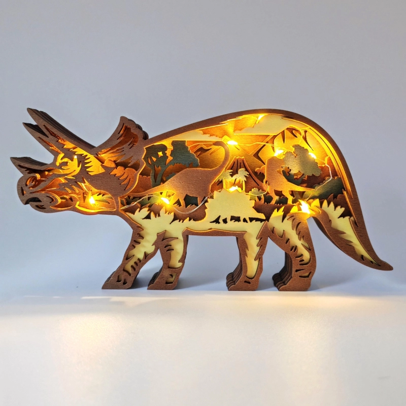 Sculpture grand tricératops en bois