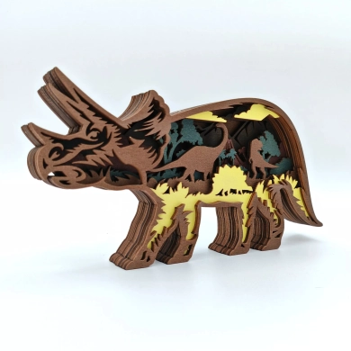 Sculpture grand tricératops en bois