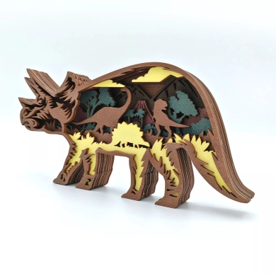 Sculpture grand tricératops en bois