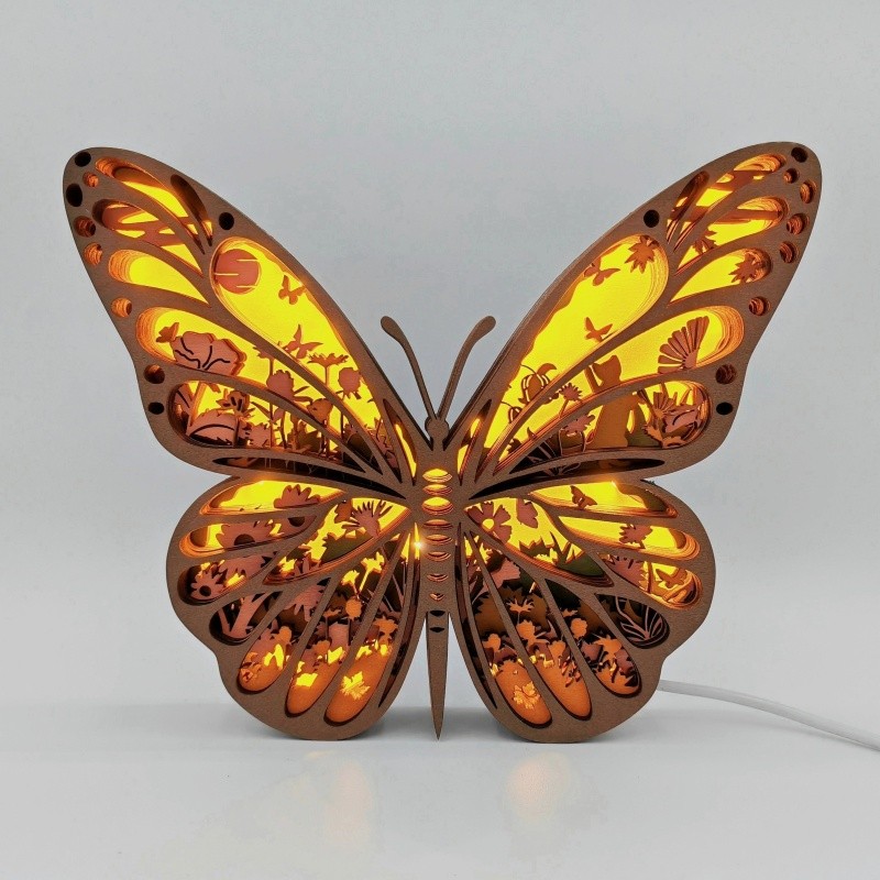 Lampe papillon orange en bois - USB
