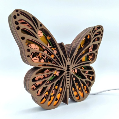 Lampe papillon orange en bois - USB