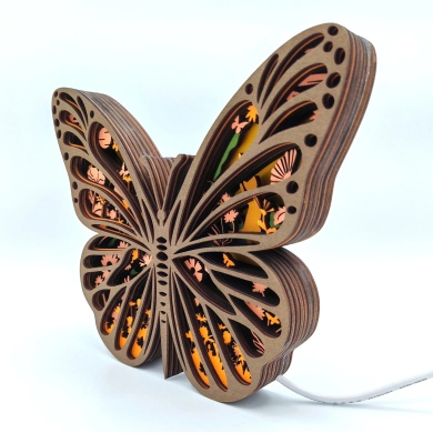 Lampe papillon orange en bois - USB