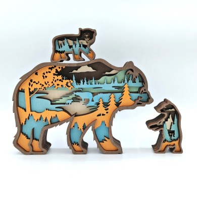 Sculpture ours et ses bébés en bois