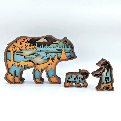 Sculpture ours et ses bébés en bois