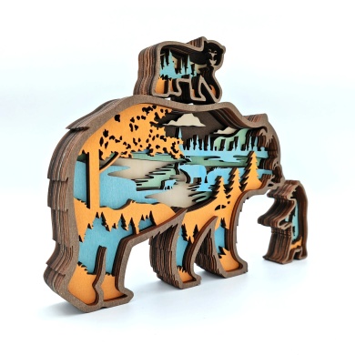 Sculpture ours et ses bébés en bois