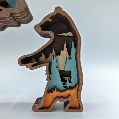 Sculpture ours et ses bébés en bois