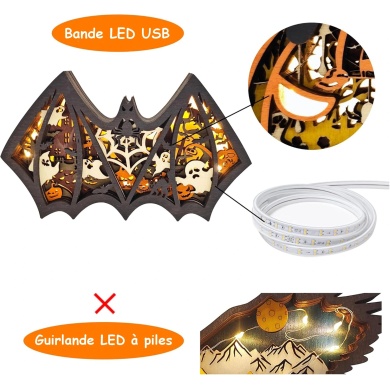 Lampe chauve souris d'halloween en bois - USB