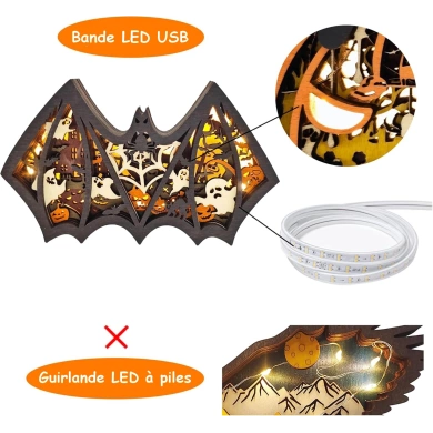 Lampe chauve souris d'halloween en bois - USB