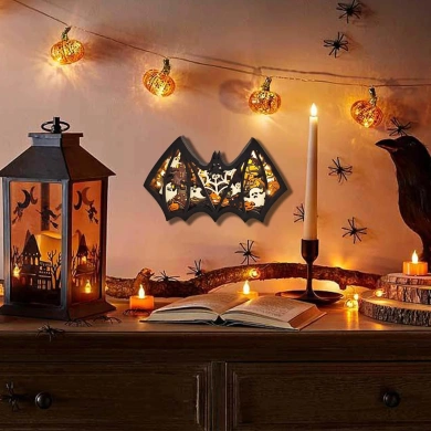 Lampe chauve souris d'halloween en bois - USB