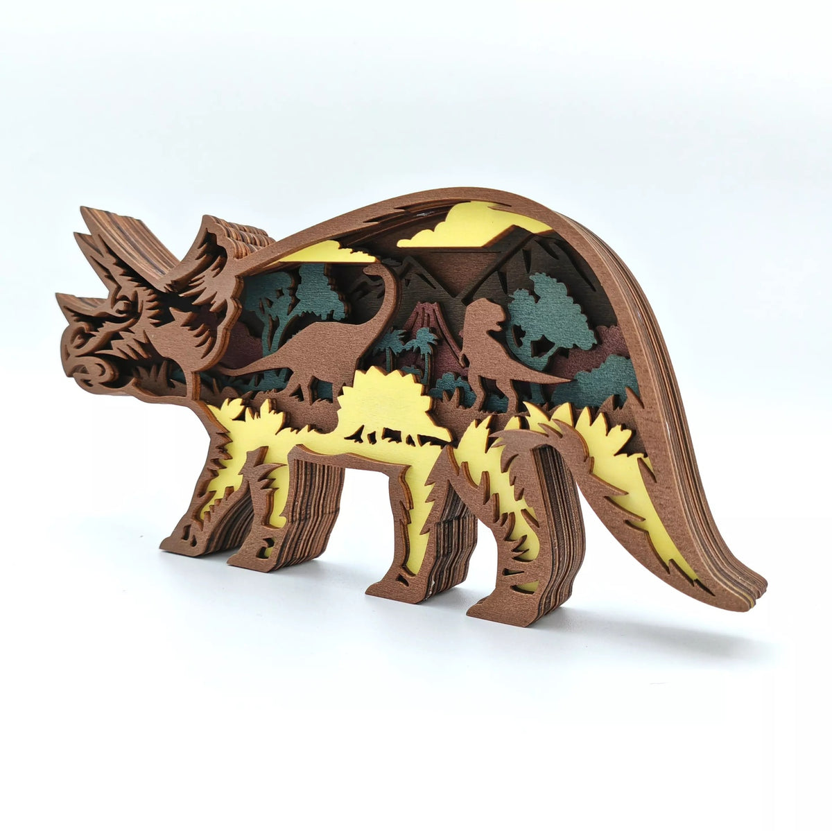Sculpture grand tricératops en bois