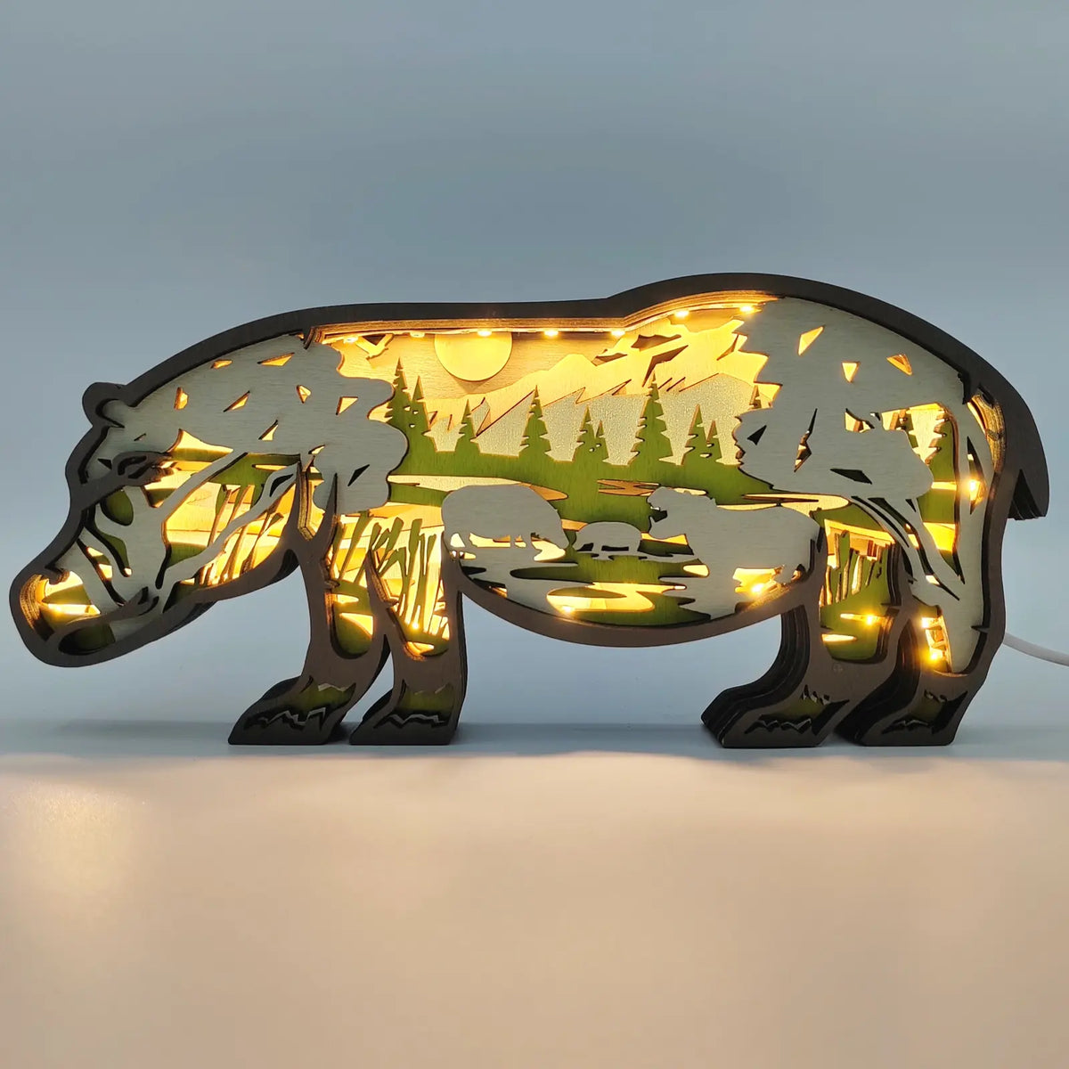 Lampe hippopotame en bois - USB