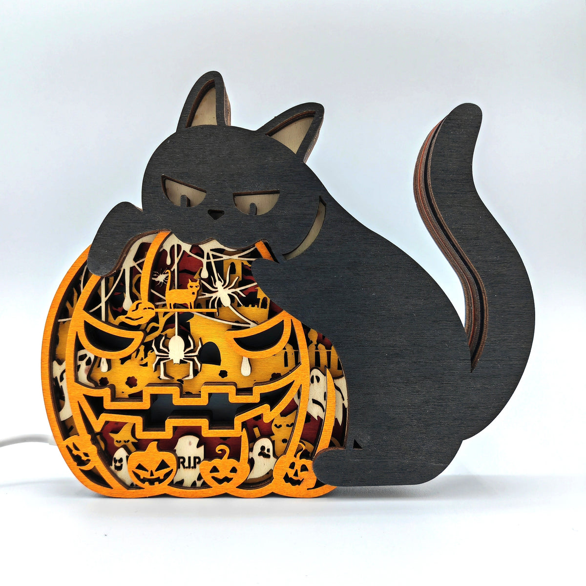 Lampe chat noir en bois - USB