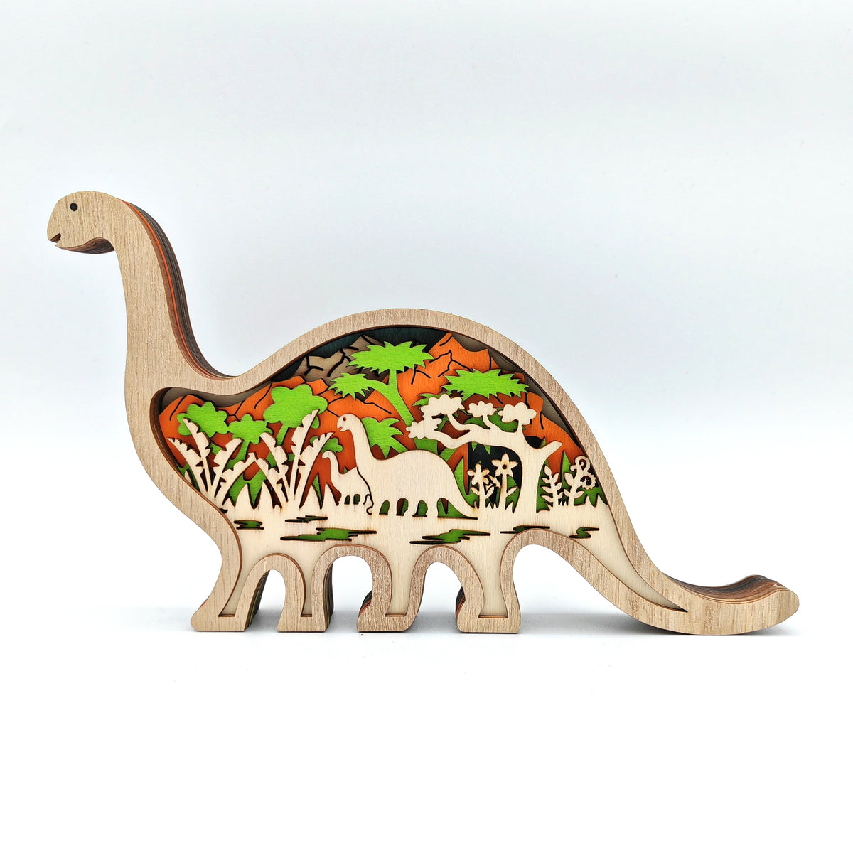 Sculpture brachiosaure vert en bois