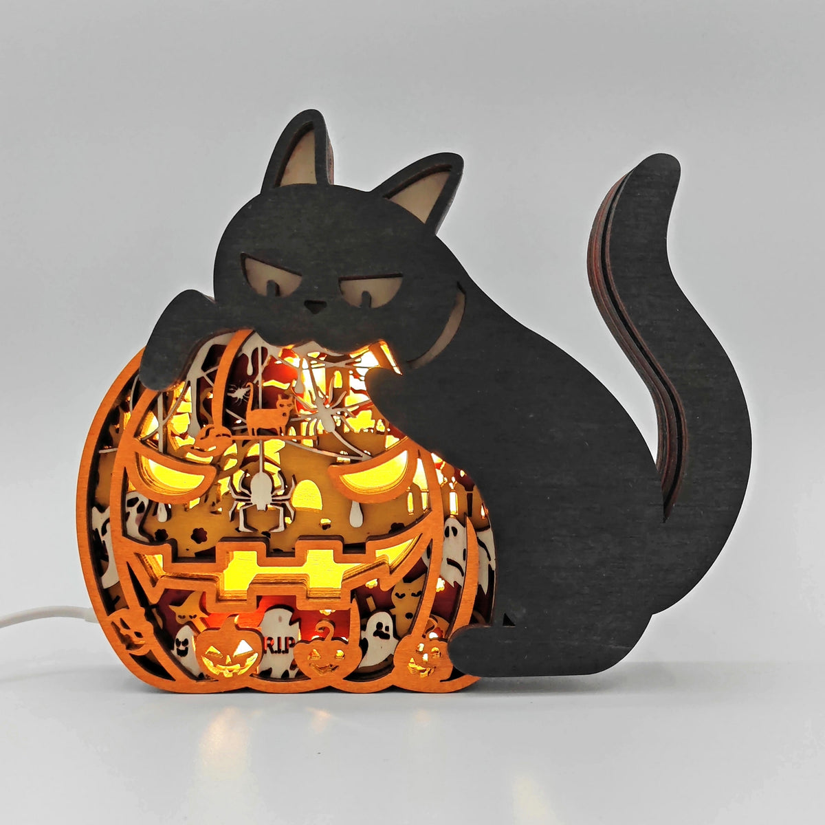 Lampe chat noir en bois - USB