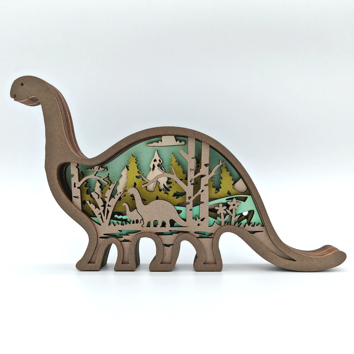 Sculpture brachiosaure bleu en bois